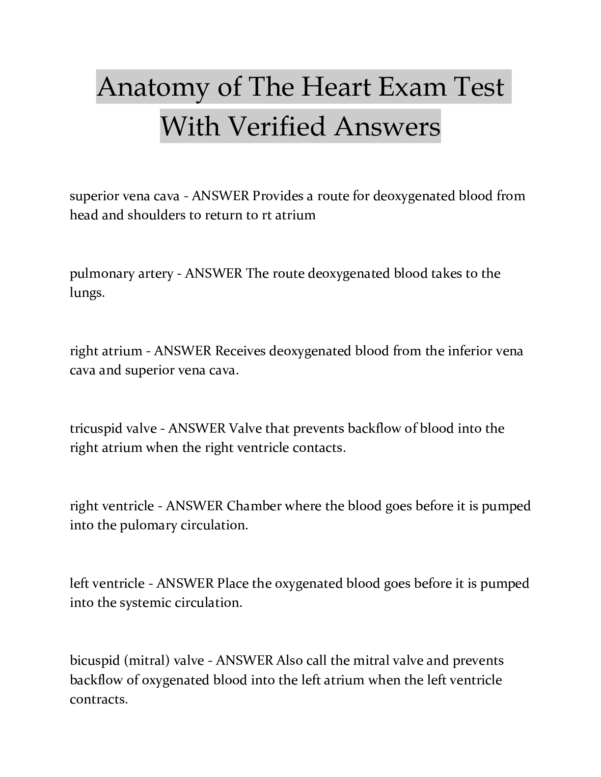 Preview image for Anatomy of The Heart Exam Test With Verified Answers